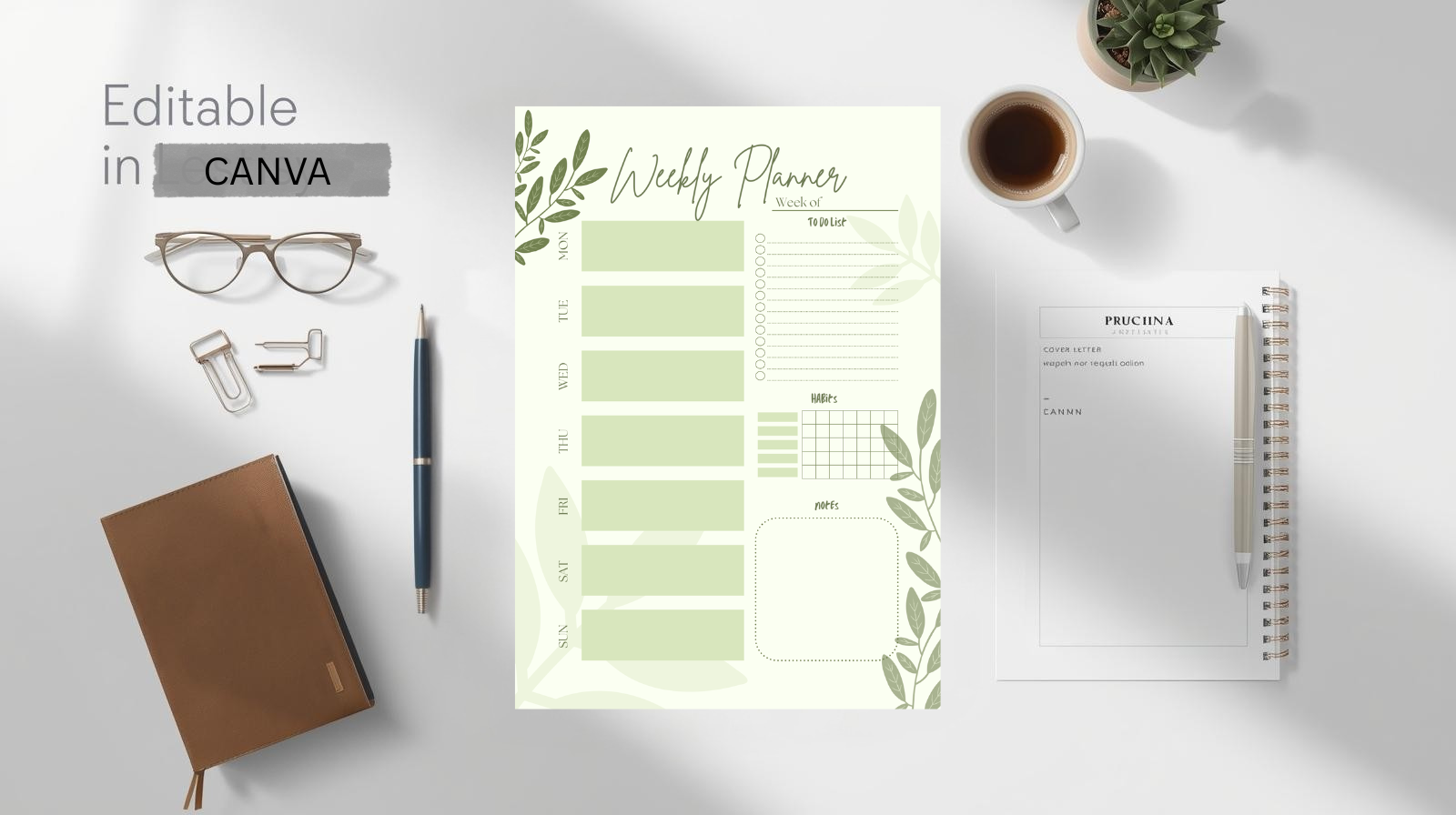 Minimalist Weekly Planner Printable | Green Botanical Weekly Planner | Habit Tracker, To-Do List & Notes | Editable Canva Template