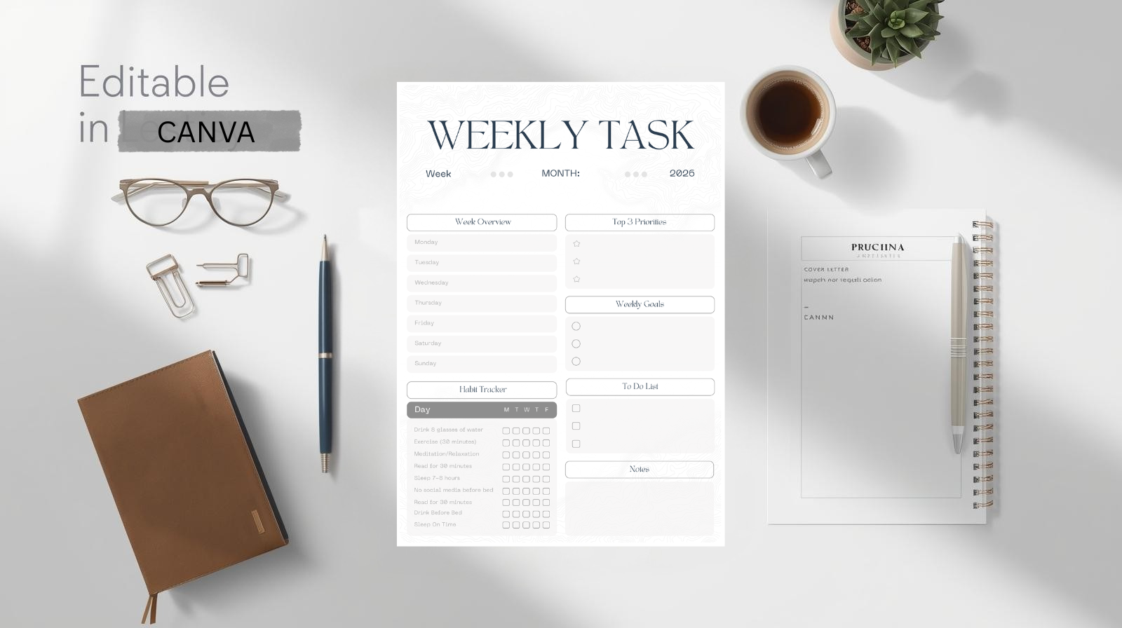 Weekly Task Planner Printable PDF | Minimalist Weekly Goals & Habit Tracker | To-Do List Productivity Planner | Instant Download Canva Editable