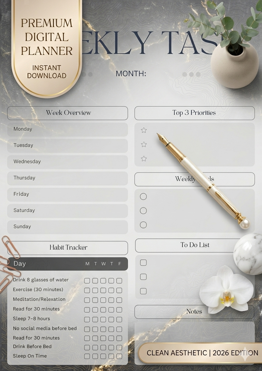 Weekly Task Planner Printable PDF | Minimalist Weekly Goals & Habit Tracker | To-Do List Productivity Planner | Instant Download Canva Editable