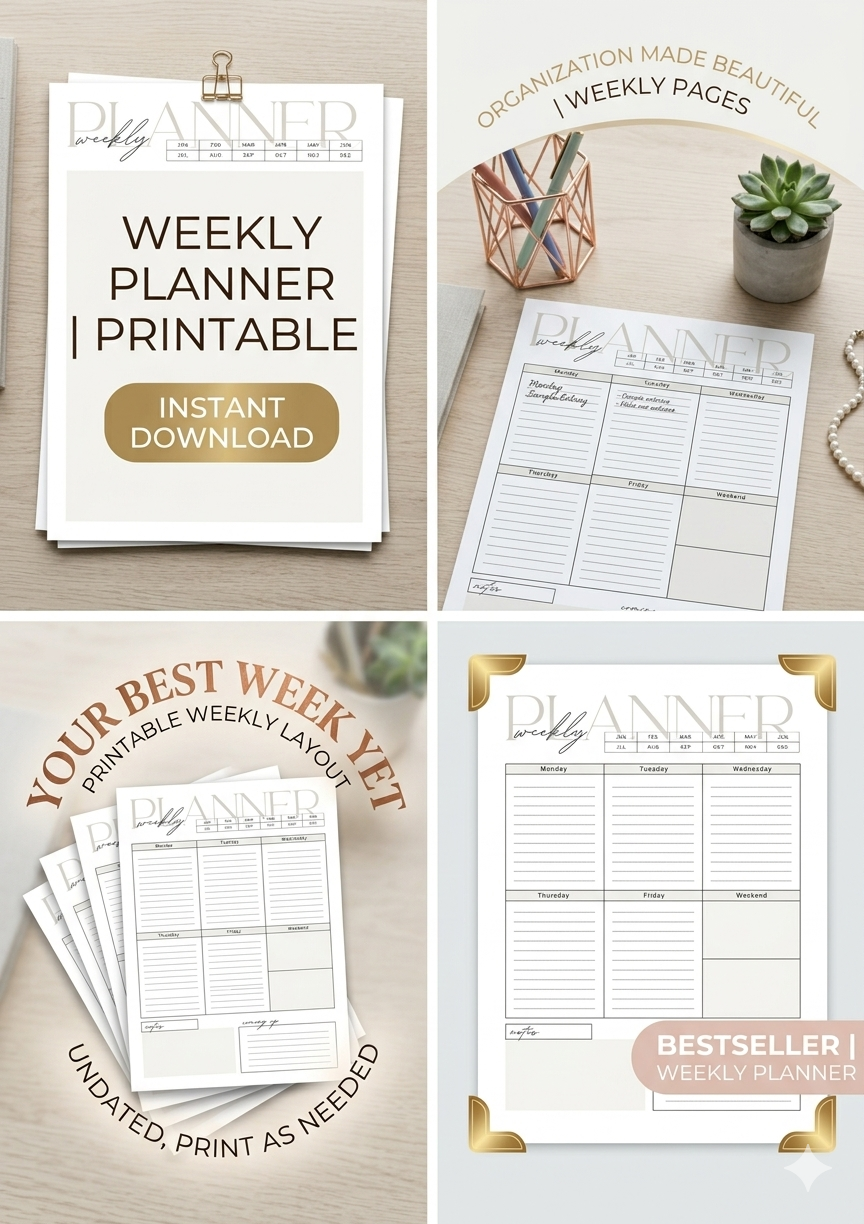 Weekly Planner Printable PDF | Minimalist Weekly Schedule Planner | Productivity & Goal Organizer | Instant Download | Canva Template
