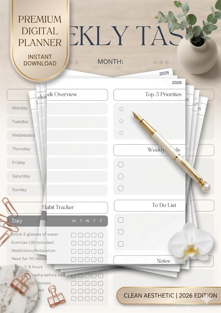 Weekly Task Planner Printable PDF | Minimalist Weekly Goals & Habit Tracker | To-Do List Productivity Planner | Instant Download Canva Editable