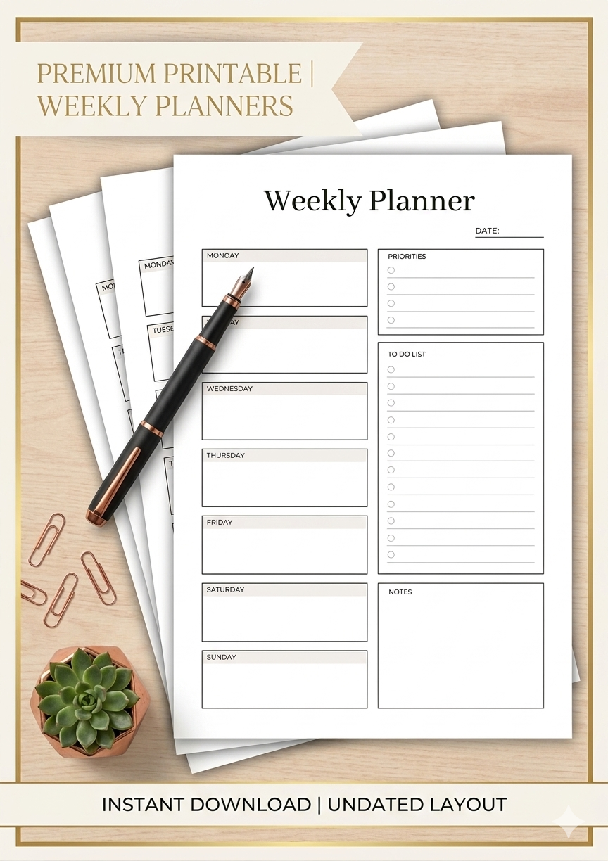 Ocean Breeze Weekly Planner Printable – Minimalist Aesthetic Planner, Weekly Schedule Template, To Do List & Productivity Organizer (Canva Editable)