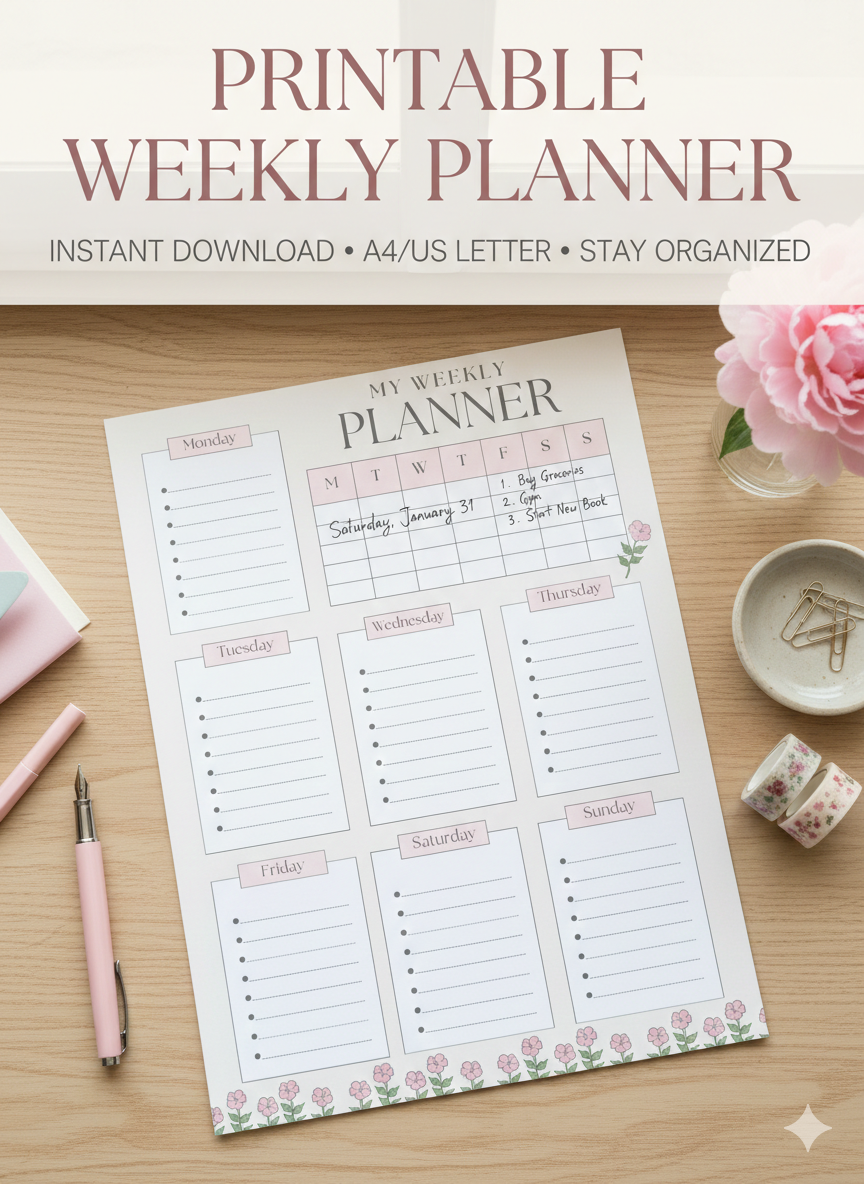 Floral Weekly Planner Printable PDF | Undated Aesthetic Planner | Instant Digital Download