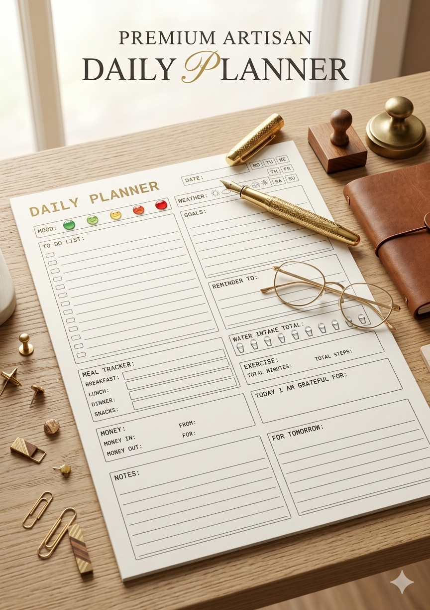 Daily Planner Printable | Minimalist Productivity Planner | To-Do List, Goals, Water & Meal Tracker | Instant Download PDF | Canva Editable