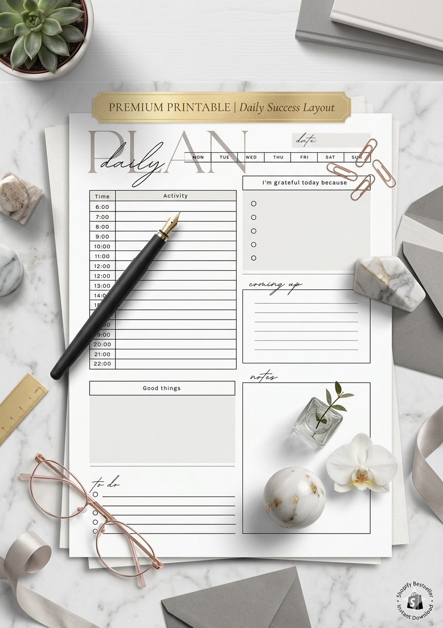Minimalist Daily Planner Printable PDF | Hourly Schedule + Gratitude + To‑Do | Instant Download + Canva Editable