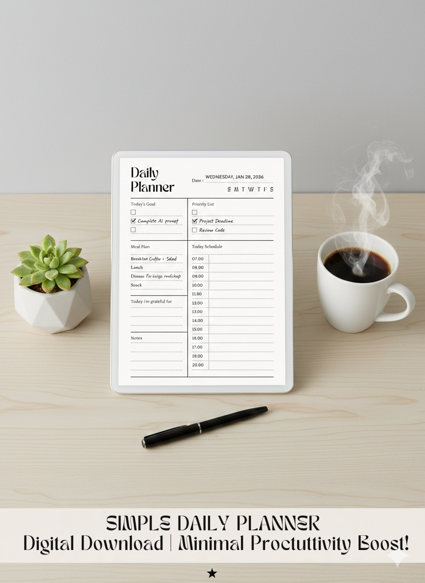 Elegant Daily Planner with Hourly Schedule – Printable PDF