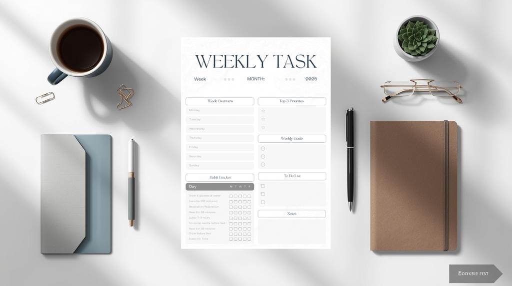 Weekly Task Planner Printable PDF | Minimalist Weekly Goals & Habit Tracker | To-Do List Productivity Planner | Instant Download Canva Editable