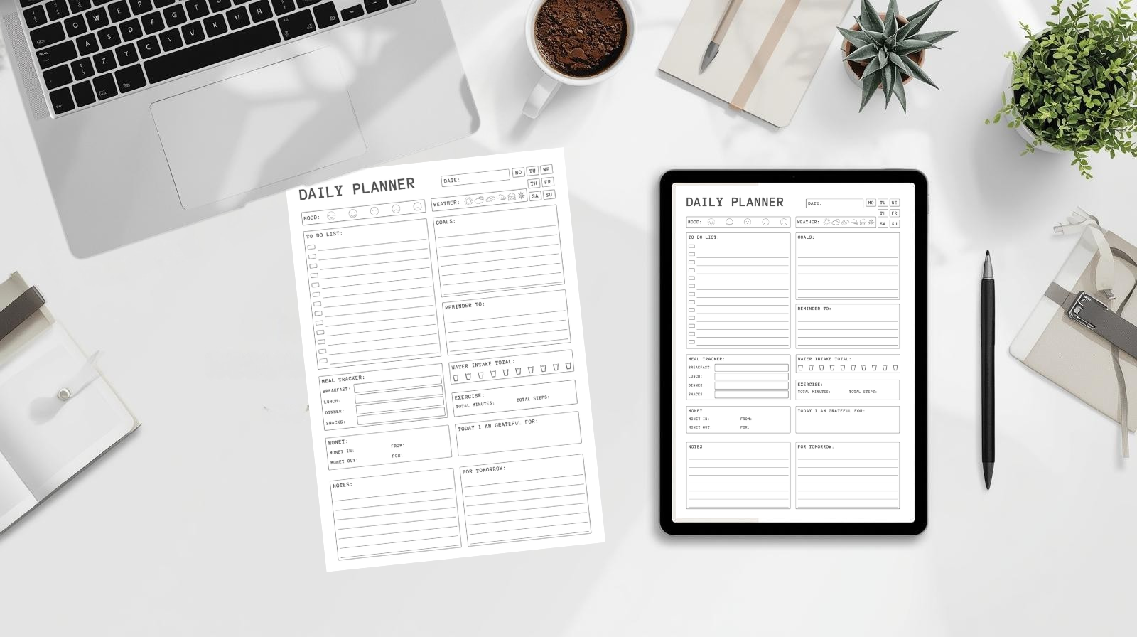 Daily Planner Printable | Minimalist Productivity Planner | To-Do List, Goals, Water & Meal Tracker | Instant Download PDF | Canva Editable
