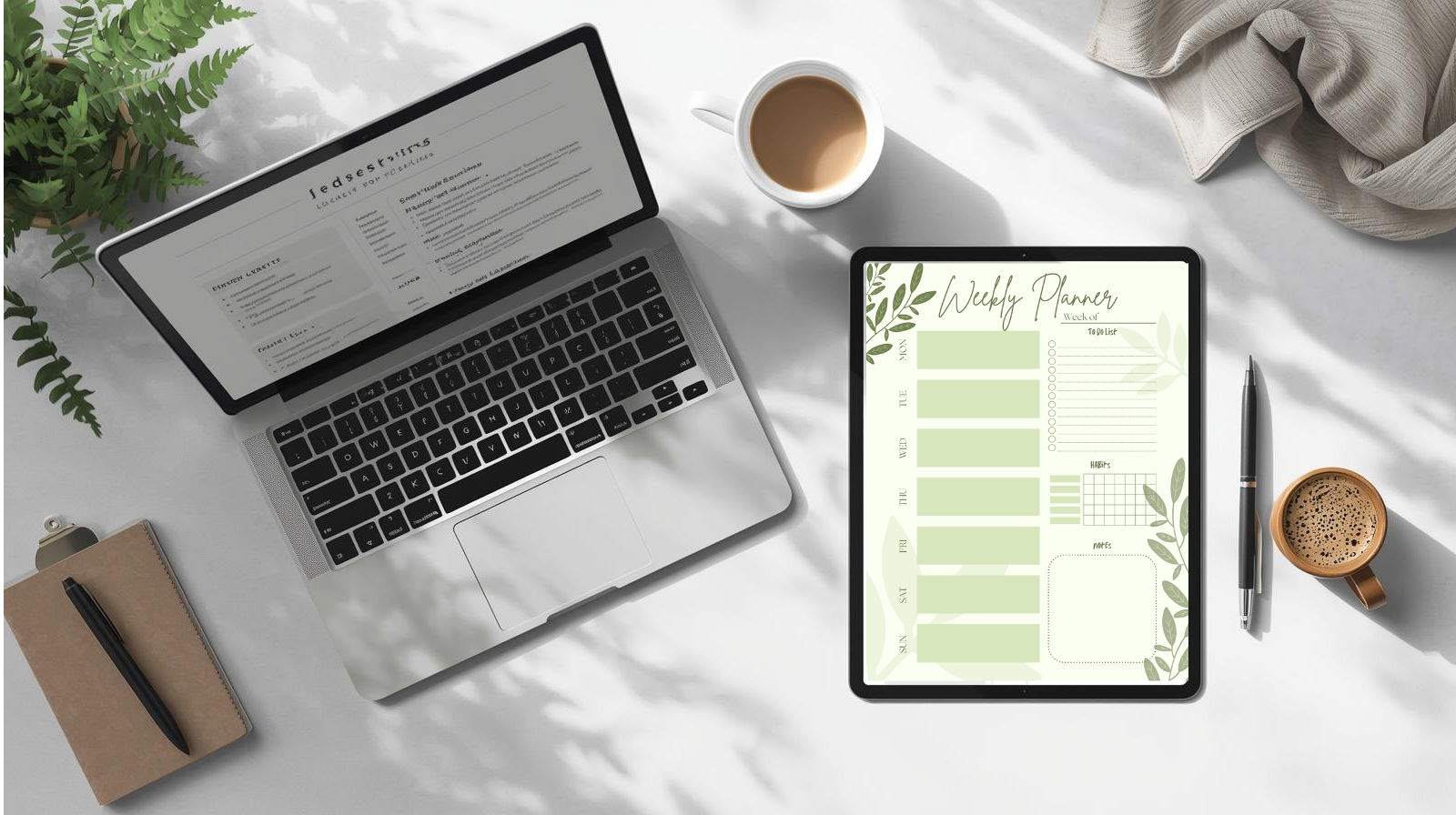 Minimalist Weekly Planner Printable | Green Botanical Weekly Planner | Habit Tracker, To-Do List & Notes | Editable Canva Template