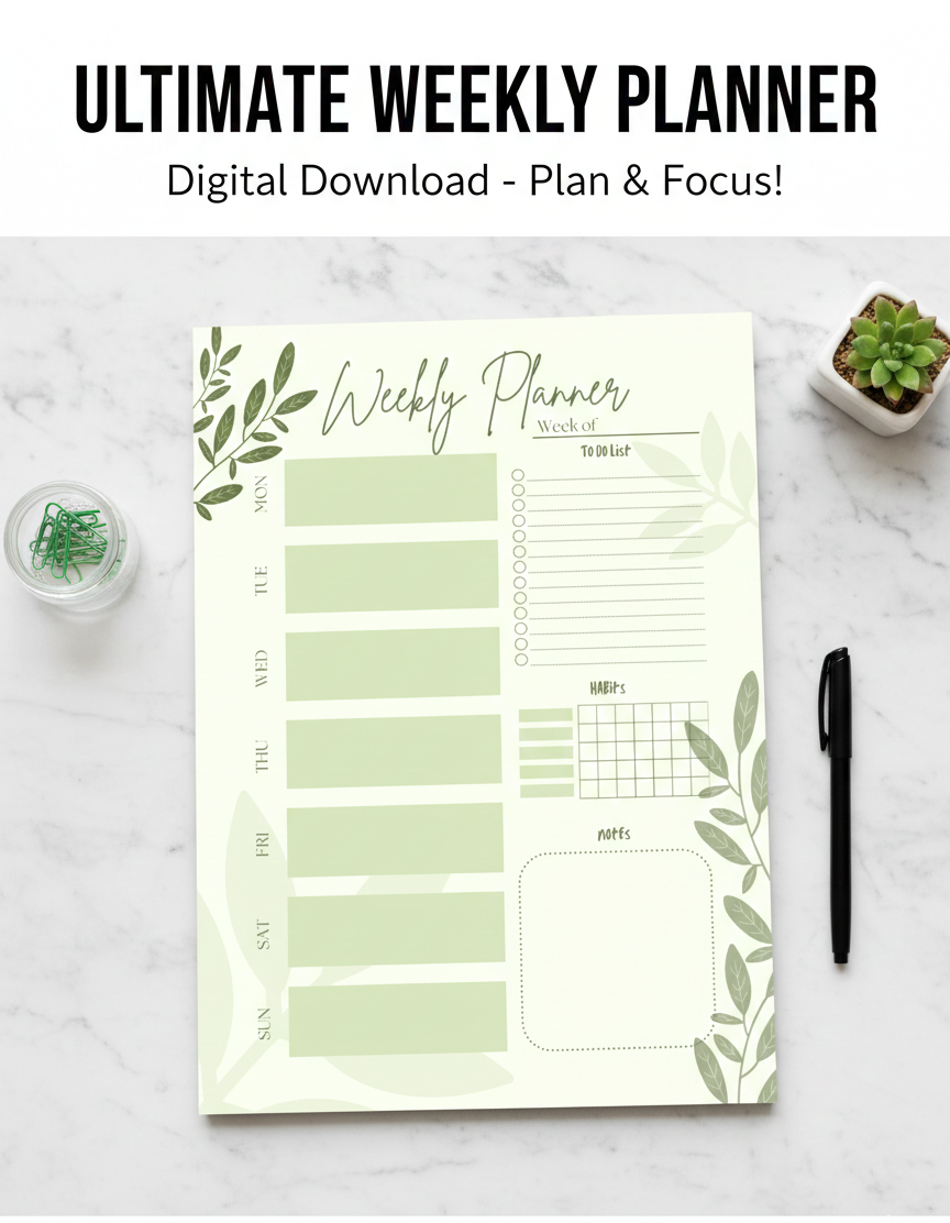 Minimalist Weekly Planner Printable | Green Botanical Weekly Planner | Habit Tracker, To-Do List & Notes | Editable Canva Template