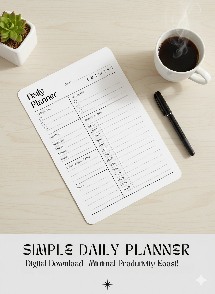 Elegant Daily Planner with Hourly Schedule – Printable PDF
