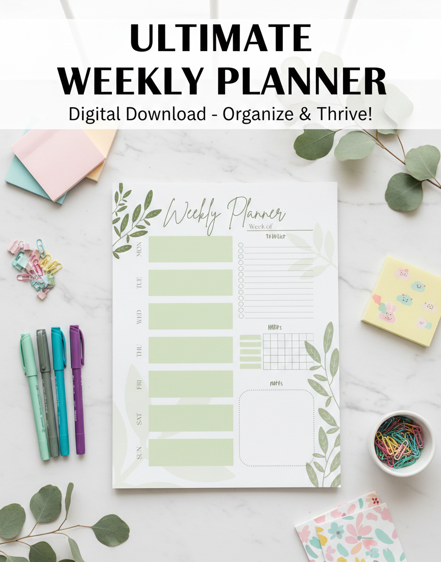 Minimalist Weekly Planner Printable | Green Botanical Weekly Planner | Habit Tracker, To-Do List & Notes | Editable Canva Template